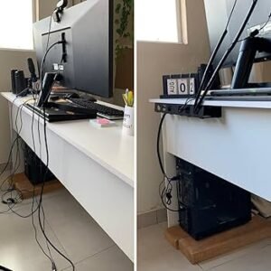 “Cabos organizados com abraçadeiras e canaletas, escondidos e presos atrás da mesa.”